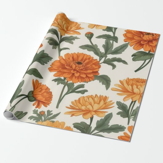 Sinaasappel gouden herfstgoudsbloemen bladpatroon cadeaupapier (Uitgerold)