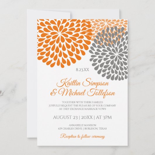 Sinaasappel & Grijs Bruiloft Uitnodigingen | Bloem (Voorkant)