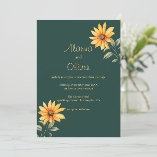 Sinaasappel groen goud zonnebloem bloemen bruiloft kaart (Staand voorkant)
