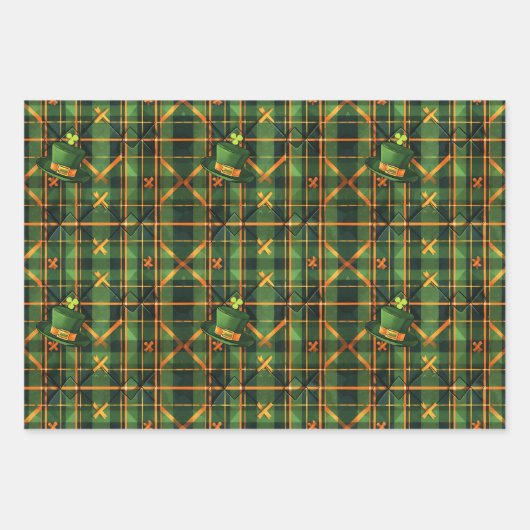 Sinaasappel Groen Pet St. Patrick Tartan Plaid set Inpakpapier Vel (Voorkant 3)