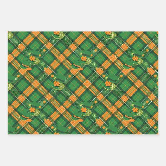 Sinaasappel Groen Pet St. Patrick Tartan Plaid set Inpakpapier Vel (Voorkant)