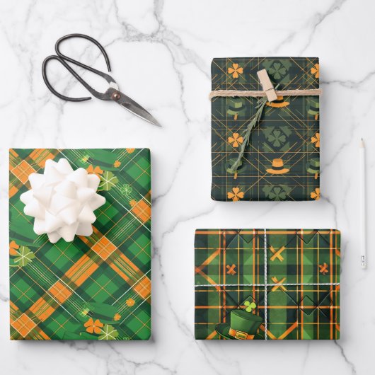 Sinaasappel Groen Pet St. Patrick Tartan Plaid set Inpakpapier Vel (Voorkant)