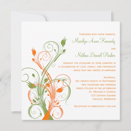 Sinaasappel Groen Wit Bloemen Sq. Uitnodiging voor (Achterkant)