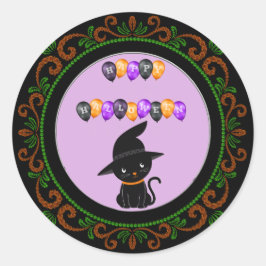 Sinaasappel Groen Zwart Kat Gelukkig Halloween Bal Ronde Sticker