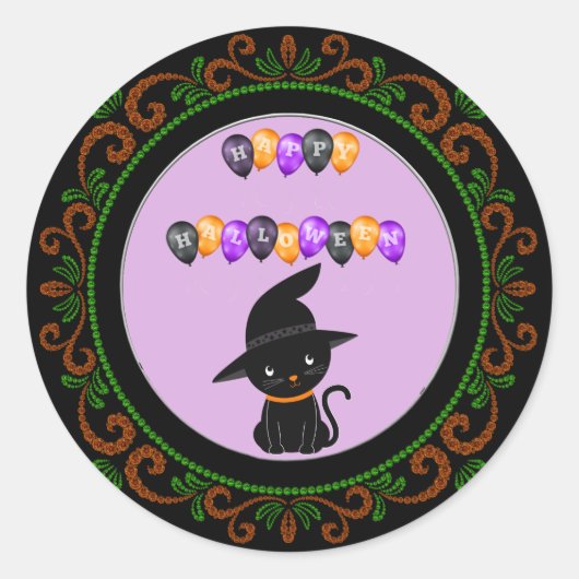 Sinaasappel Groen Zwart Kat Gelukkig Halloween Bal Ronde Sticker (Voorkant)