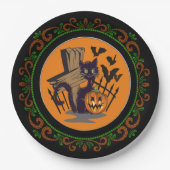 Sinaasappel Groen Zwart Kat Tombstone Bats Hallowe Papieren Bordje (Voorkant)