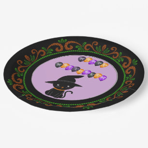 Sinaasappel Groen Zwart Kat Witch Pet Happy Hallow Papieren Bordje