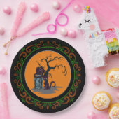 Sinaasappel Groen Zwart Katten Tombstone Tree Hall Papieren Bordje (Feest)