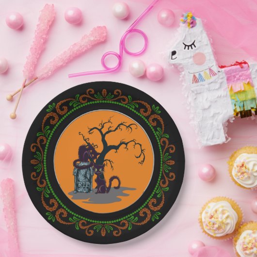 Sinaasappel Groen Zwart Katten Tombstone Tree Hall Papieren Bordje (Feest)