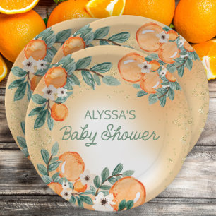 Sinaasappel Groene Bladeren Citrus Baby Shower Papieren Bordje