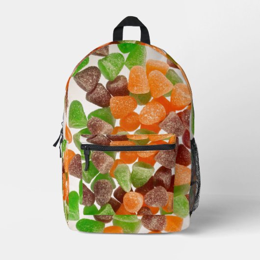 Sinaasappel groene rode snoep, gestrooid met suike bedrukte rugzak (Voorkant)