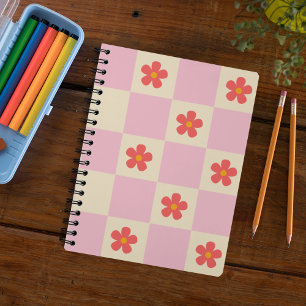 Sinaasappel Groovy Daisy Flowers & Roze Geruit Notitieboek
