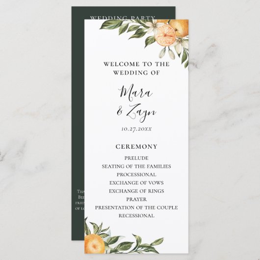 Sinaasappel Grove Citrus Botanische bruiloft Programmakaart (Voorkant / Achterkant)