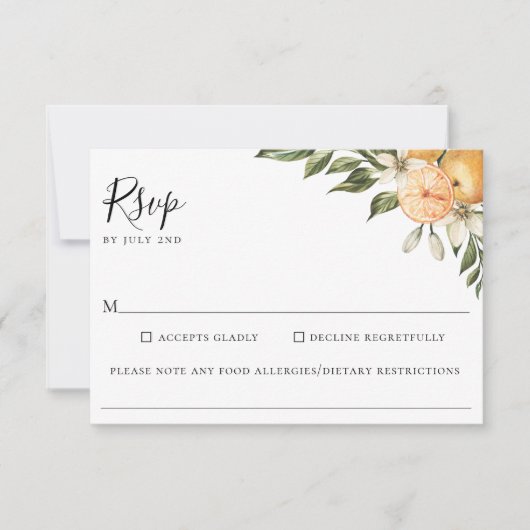 Sinaasappel Grove Citrus Bruiloft Voedsel Allergie RSVP Kaartje (Voorkant)