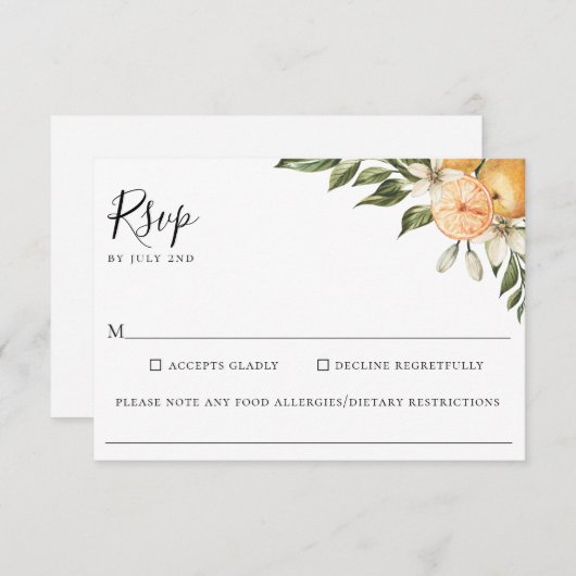 Sinaasappel Grove Citrus Bruiloft Voedsel Allergie RSVP Kaartje (Voorkant / Achterkant)
