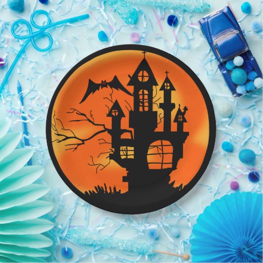 Sinaasappel Halloween in Haunted House Papieren Bordje (Feest)