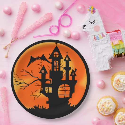 Sinaasappel Halloween in Haunted House Papieren Bordje (Feest)