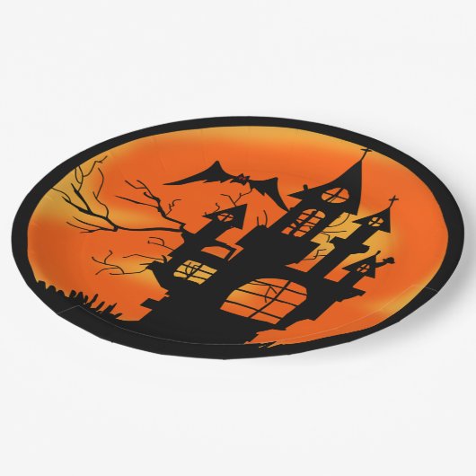 Sinaasappel Halloween in Haunted House Papieren Bordje (Gekanteld)