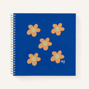 Sinaasappel Happy Flowers +Custom Initiaal Blauw Notitieboek