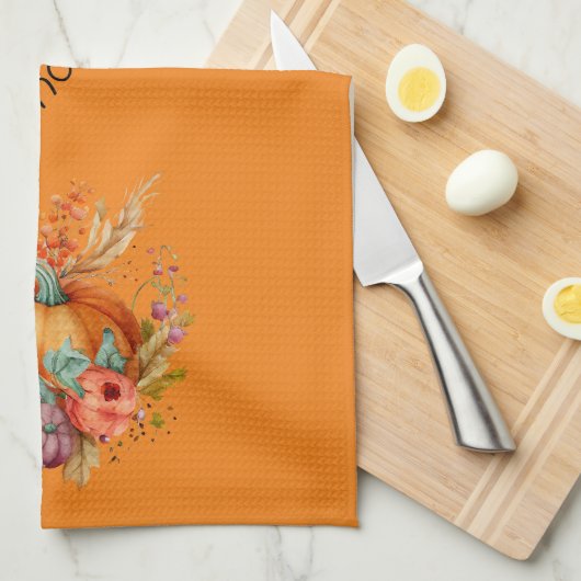 Sinaasappel Happy Thanksgiving Pompoen en Herfst B Theedoek (Quarter Fold)