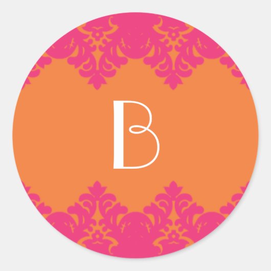 Sinaasappel & Heet Roze Damast Monogram Sticker (Voorkant)