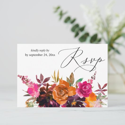 Sinaasappel, Heet Roze, & Paarse Herfst Bloemen me RSVP Kaartje (Staand voorkant)