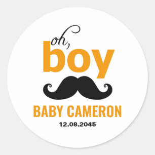 Sinaasappel Het is een jongen Snor Baby Shower Sti Ronde Sticker