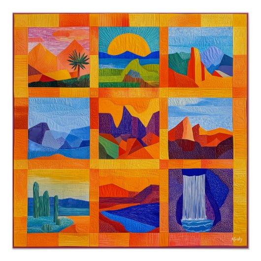 Sinaasappel Ingelijste Desert Art Grid - Kleurrijk Perfect Poster (Voorkant)