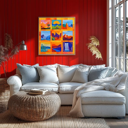 Sinaasappel Ingelijste Desert Art Grid - Kleurrijk Perfect Poster