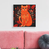 Sinaasappel Kat Folk Art Canvas Print Boho Scandin (Insitu (Woonkamer))