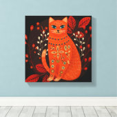 Sinaasappel Kat Folk Art Canvas Print Boho Scandin (Insitu (Houten vloer))