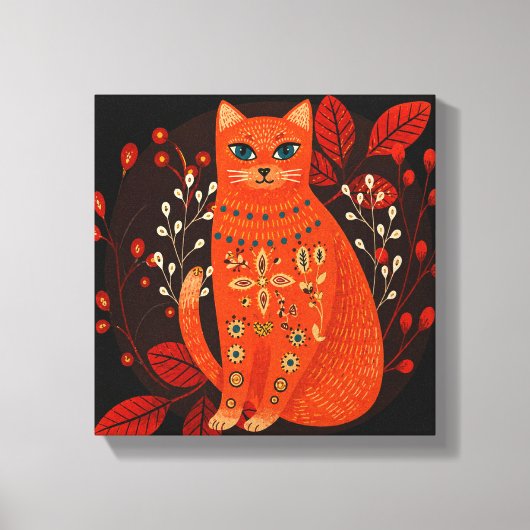 Sinaasappel Kat Folk Art Canvas Print Boho Scandin (Voorkant)