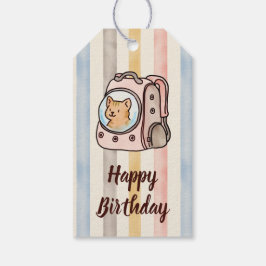 Sinaasappel Kat in een Rugzak Aquarel Strepen Cadeaulabel