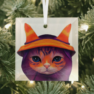 Sinaasappel Kat met Paarse Heksenhoed Halloween Glas Ornament