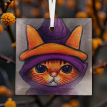 Sinaasappel Kat met Paarse Heksenhoed Halloween