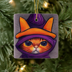 Sinaasappel Kat met Paarse Heksenhoed Halloween Keramisch Ornament