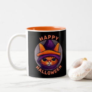 Sinaasappel Kat met Paarse Heksenhoed Halloween Tweekleurige Koffiemok