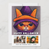 Sinaasappel Kat Paarse heks Pet 2 Foto's Halloween Feestdagenkaart (Voorkant)