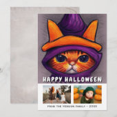 Sinaasappel Kat Paarse heks Pet 2 Foto's Halloween Feestdagenkaart (Voorkant / Achterkant)
