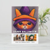 Sinaasappel Kat Paarse heks Pet 2 Foto's Halloween Feestdagenkaart (Staand voorkant)