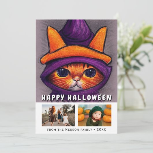 Sinaasappel Kat Paarse heks Pet 2 Foto's Halloween Feestdagenkaart (Staand voorkant)