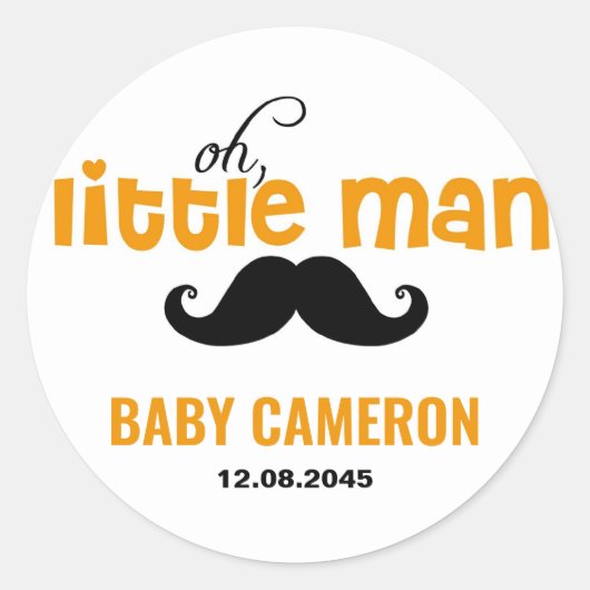 Sinaasappel kleine man snor baby shower sticker (Voorkant)