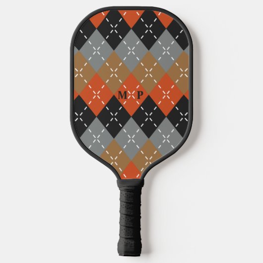 Sinaasappel Lichtgrijs Tan Off Zwart Argyle Pickleball Paddle (Achterkant)