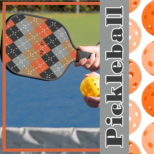 Sinaasappel Lichtgrijs Tan Off Zwart Argyle Pickleball Paddle