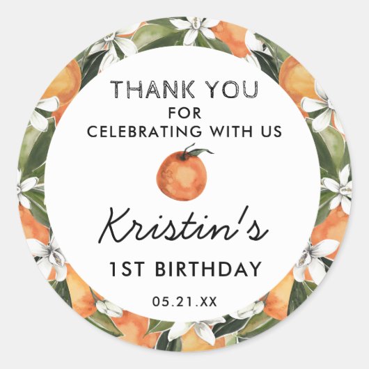 Sinaasappel Liefje 1e Verjaardag Bedankt Favor Ronde Sticker (Voorkant)