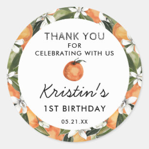 Sinaasappel Liefje 1e Verjaardag Bedankt Favor Ronde Sticker