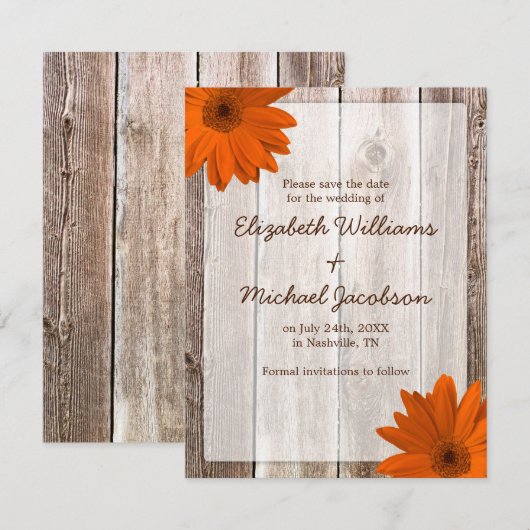 Sinaasappel Madeliefje Schuur Houten Save the Date Kaart (Voorkant / Achterkant)