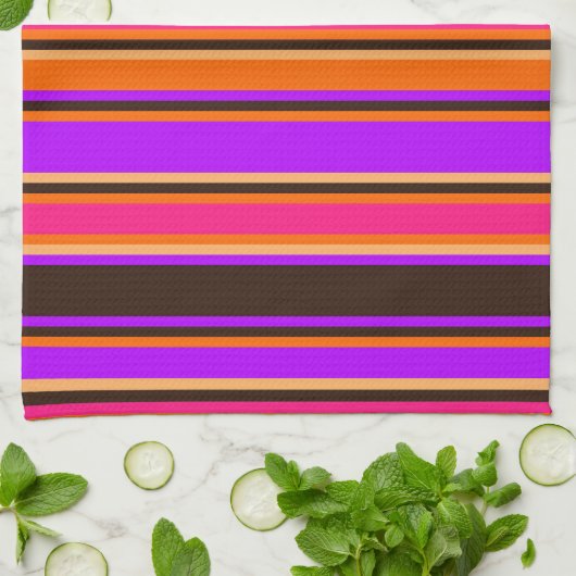 Sinaasappel, magenta en Paarse gestreepte keukenha Theedoek (Gevouwen)