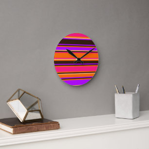 Sinaasappel, magenta en Paarse gestreepte wandklok
