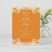 Sinaasappel Mango & Witte Kant Elegante Bruiloft Kaart (Staand voorkant)